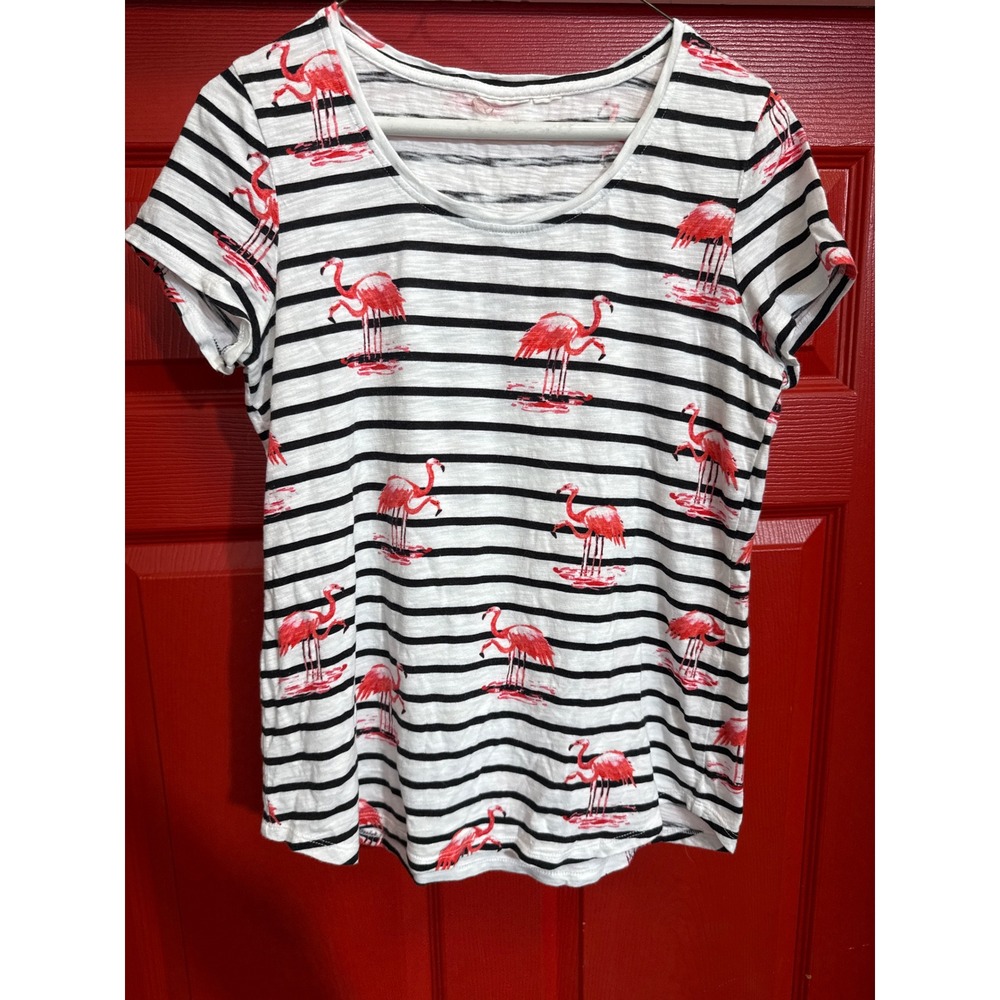 Chicos Flamingo Stripe Short Sleeve Top Black White Pink Cotton Modal Scoop Neck